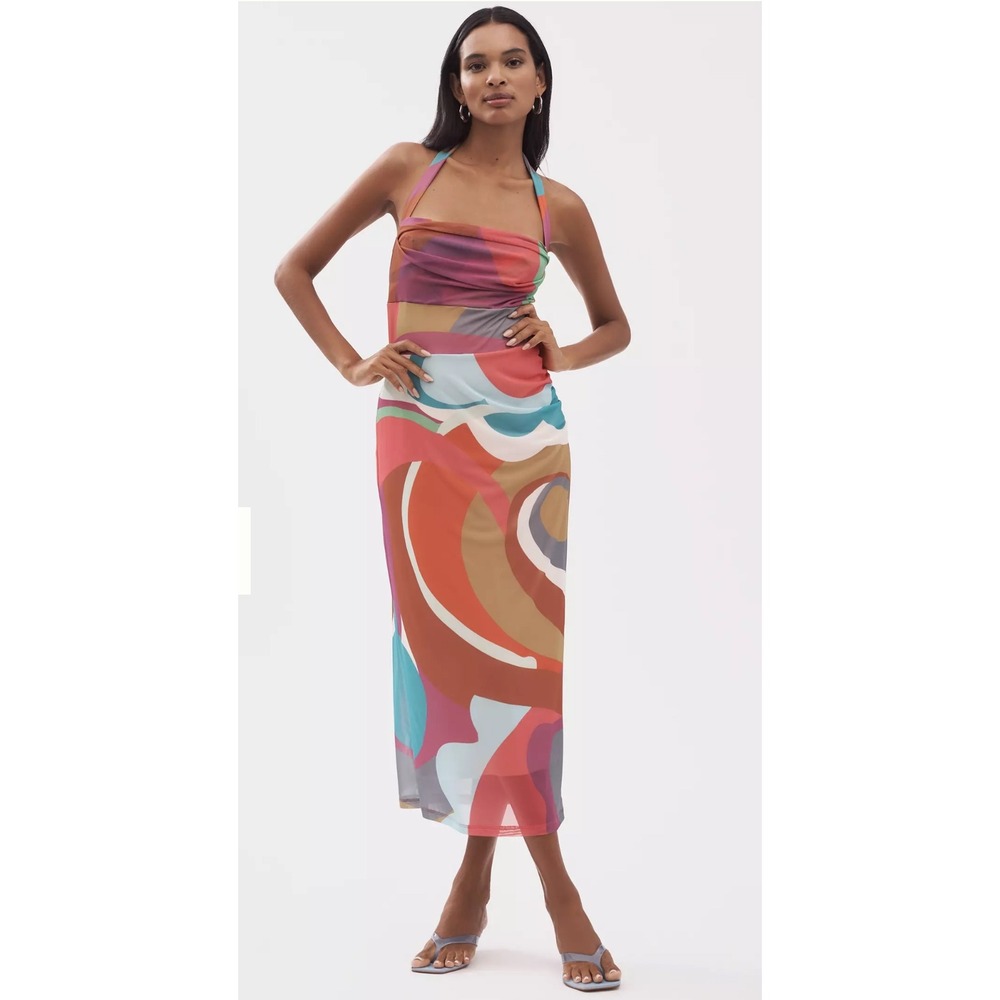 NWT Anthropologoe Multicolor Abstract Print Halter Midi Dress